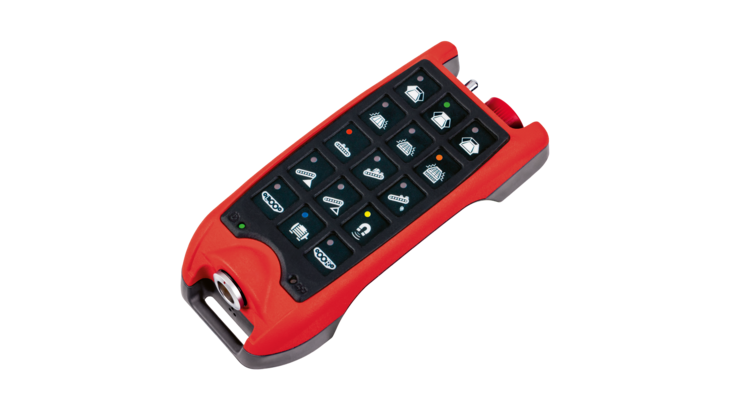 Tastengerät TGD-F15 CAN Foto des TGD-F15 CAN Tastengeräts mit 15 hinterleuchteten RGB-Tasten in dreireihiger Anordnung und robustem Design für flexible Steuerungsanwendungen.