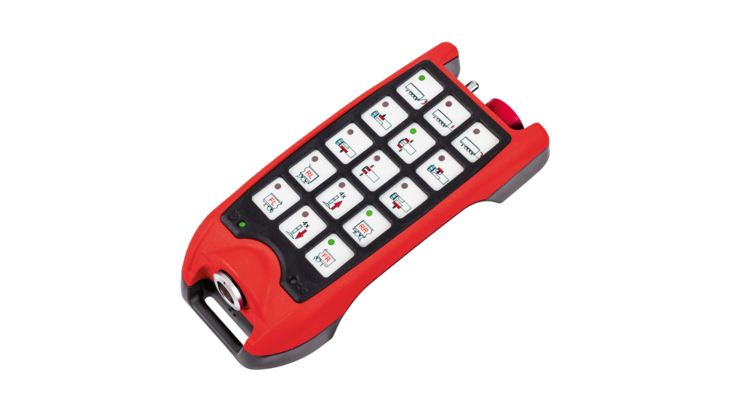 Tastengerät TGD-F15 Handsender TGD-F15 mit 15 einstufigen Drucktasten, RGB-Statusanzeige, Tastenbeleuchtung und optionaler Kabelsteuerung.