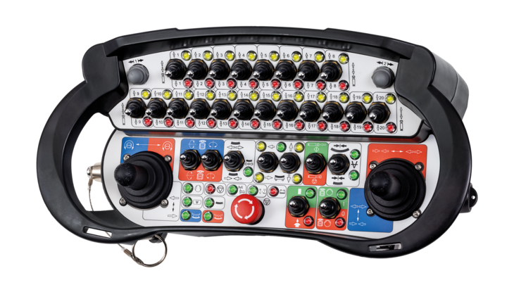 Joystickgerät T7 EX Foto des T7 EX Joystickgeräts, das sein ergonomisches Design und die Sicherheitsmerkmale für den Einsatz in explosionsgefährdeten Bereichen hervorhebt.