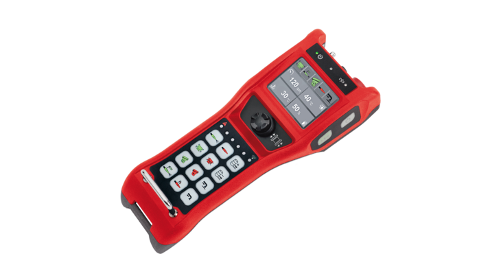 Tastengerät TGE-112S Handsender TGE-112S mit 16 einstufigen Drucktasten, optionaler Beleuchtung, Daumen-Joysticks, 2.8" Farbgrafikdisplay und berührungsloser Sicherheitsschalter.